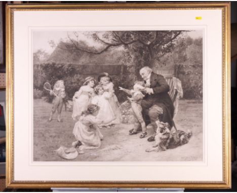 Fred Morgan: a pair of photogravures, children playing in a garden, 22" x 29", in gilt frames