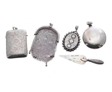 Late Victorian silver engraved vesta case, maker George Unite, Birmingham, 2.25", 1.1 oz t; Continental white metal (800) mes