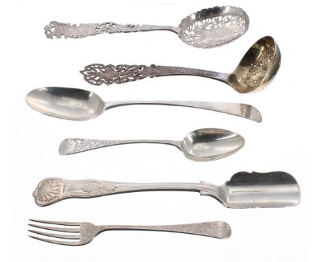 Silver christening fork and spoon; also a stilton scoop, pierced sifter, dessert spoon and a plated sifter