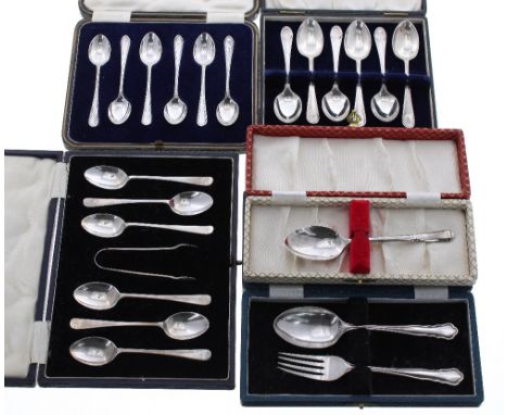 Two cased sets of six silver teaspoons, another cased set of six silver teaspoons with sugar tongs, cased silver christening 