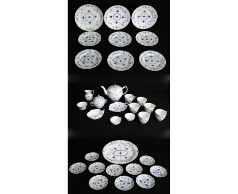 Royal Copenhagen extensive fluted tea service, comprising teapot, sucrier, jug, six cups and saucers, leaf bowl and dish, pla