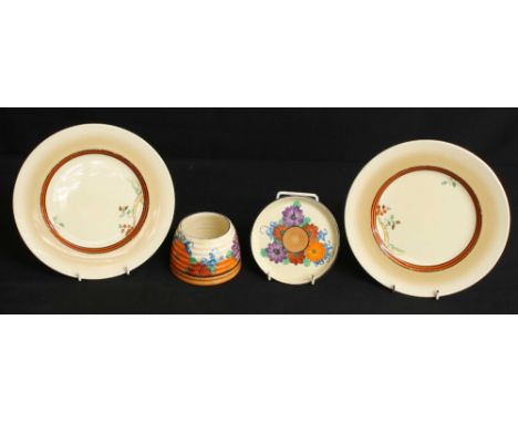 Clarice Cliff 'Gayday' honeypot (lacking cover), two side plates and a saucer (4)
