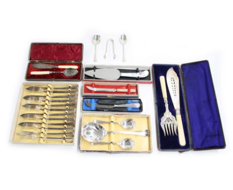 Selection of boxed silver plated flatware including a Ryals fish service, dessert service, sugar nips, two spoons, fish serve