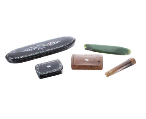 Victorian papier maché and mother of pearl spectacle case, 6" long; similar style snuff box, 19th century burr wood snuff box