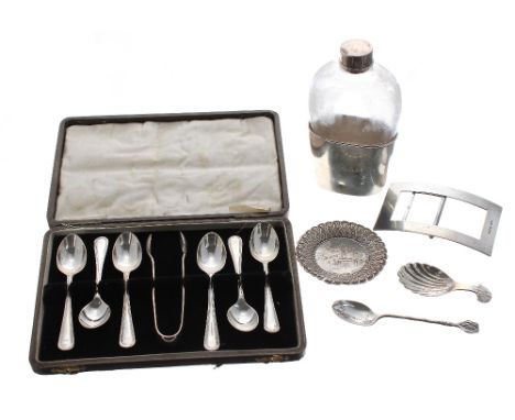 Cased set of six silver teaspoons and pair of sugar nips, maker Arthur Price &amp; Co., Birmingham 1927; together with a Jame