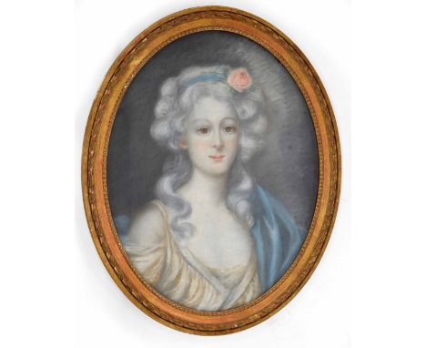 Continental School (19th century) - Portrait of a lady, head and shoulders, wearing a pink dress and blue robes, a rose in he