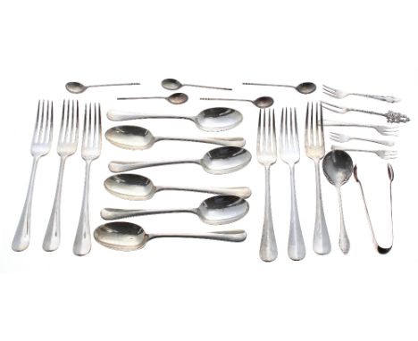 Assorted silver flatware including six Mappin &amp; Webb forks, Sheffield 1909, 7.75" long and spoons, 6.75" long, Sheffield 