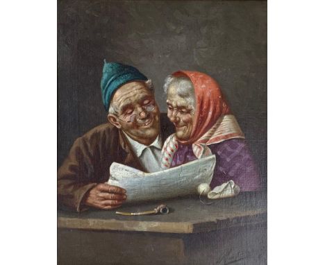 Ferruccio Vitali (Italian, 1875-1933) - Portrait of an Italian peasant reading a newspaper with a companion, signed 'Moronton