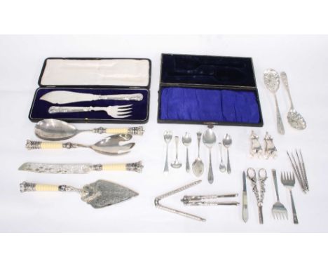 Collection of assorted plated and white metal flatware including cased fish servers, carving set and salad servers, embossed 