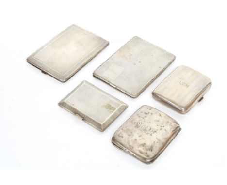 Five silver cigarette cases; together with a mixed lot of silver, plated and white metal flatware including souvenir teaspoon