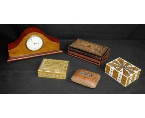 Edwardian mahogany inlaid mantel clock timepiece, 6" high; Anglo-Indian inlaid box and cover, 5" wide, leather pipe box and t