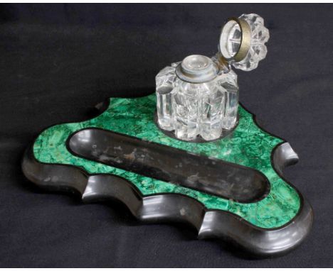 Large malachite and black marble inkstand, the serpentine triangular stand inset with a brass mounted glass inkwell, 14.5"  w