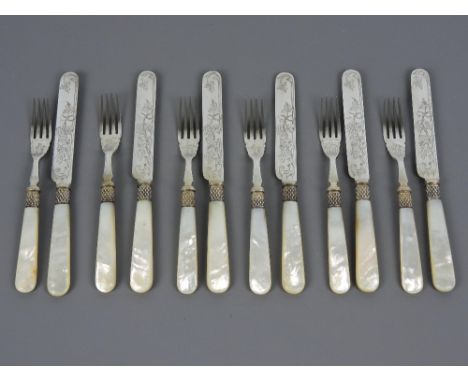 Mappin &amp; Webb mother of pearl silver plated fruit knife and fork set (12) 