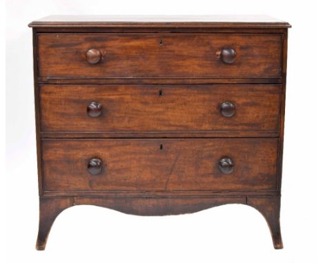 Small 19th century mahogany chest of drawers, with three drawers upon splayed bracket feet, 36" wide, 18.5" deep, 33" high