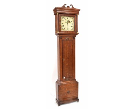 Early 19th century oak 30 hour longcase clock, the 11" square dial painted with a thatched building cottage, within floral pa
