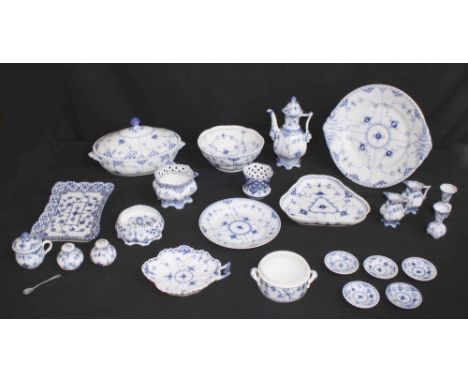 Royal Copenhagen lace pattern blue and white serving wares, comprising full and half lace pieces to include coffee pot, sucri