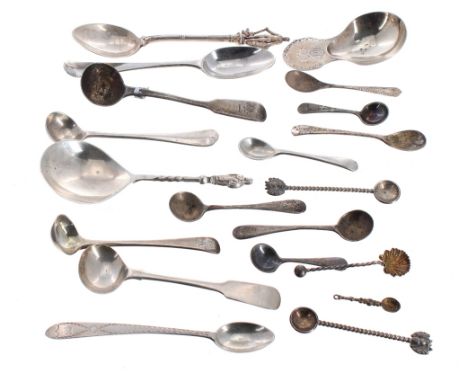 Assorted silver teaspoons, caddy spoon, mustard spoons and various miniature spoons