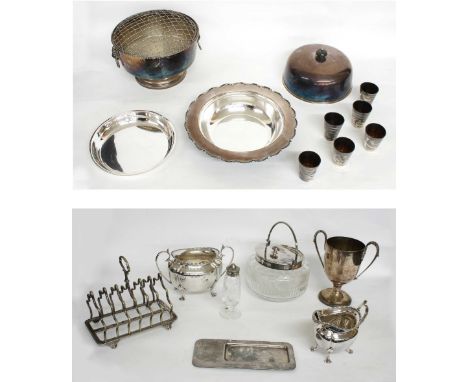 Collection of antique silver plated ware, including toast rack, glass lined butter/cheese dome, rose bowl, cut glass biscuit 