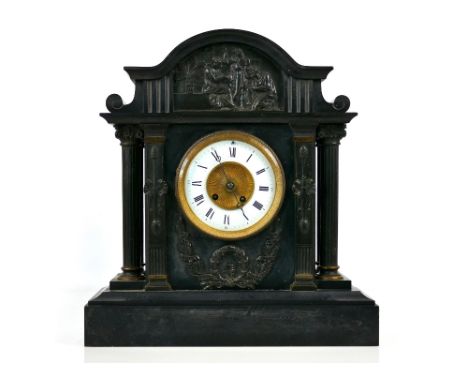 Large and impressive Victorian black slate two train mantel clock striking on a gong, within a temple case,  18.5" high (pend