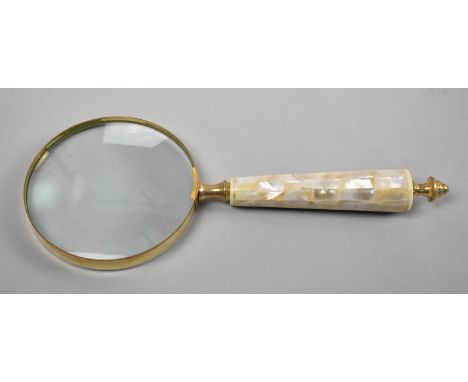 A Brass and Mother of Pearl Handled Desk Top Magnifying Glass, 25cms Long 