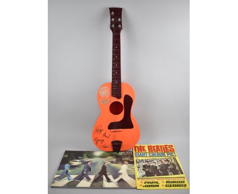 A Vintage Toy Beatles Guitar, Beatles Giant Colour Poster and Abbey Road 3D Picture 