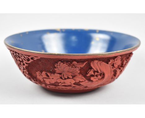 A Chinese Red Cinnabar Lacquer Bowl with Blue Enamel Inner, Some Loss to Blue Enamel, 16.5cm Diameter 