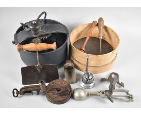 A Vintage American Hand Operated Food Mixer, "The Home Cake Maker" with Accessories Together with a Spong Bean Slicer, Herb C