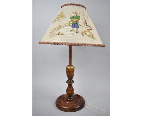 An Early to Mid 20th Century Turned Oak Table Lamp with Brass Mounts and Copper Supports, Chinoiserie Shade, 48cms High 