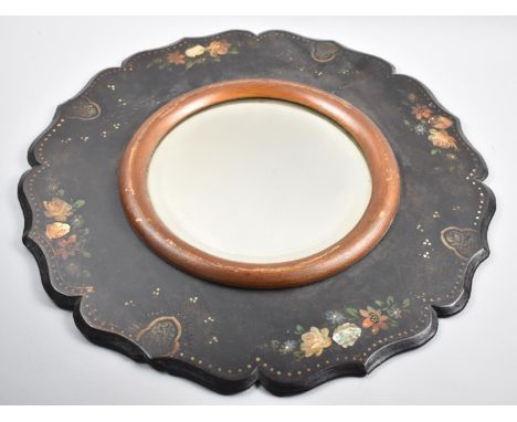 A Late 19th Century Mother of Pearl Mounted and Floral Decorated Papier Circular Wall Mirror with Scalloped Edge, 48cm Diamet