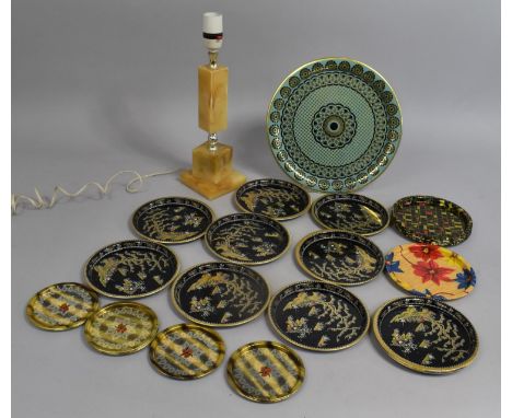 A Vintage Onyx Effect Table Lamp Together with Vintage Metal Coasters Dishes and a Tray 
