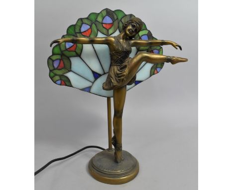 A Reproduction Figural Art Deco Style Table Lamp Base in the Form of a Dancing Girl with Tiffany Style Fan Shade, 37cms High 