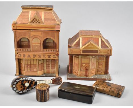 A Collection of Vintage Continental Straw Work Boxes, Tortoiseshell Mandolin, Horn and Wooden Snuff Boxes Etc 