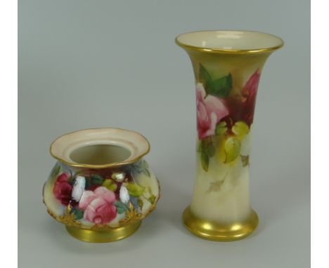 A SMALL ROYAL WORCESTER TRUMPET VASE & BOWL both decorated with wild-roses, vase 11.25cms high (bowl missing lid)