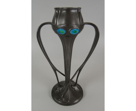 A SOLKETS FOR LIBERTY PEWTER TULIP-SHAPED VASE in the Art Nouveau style with four enamel medallions, impressed marks to base 