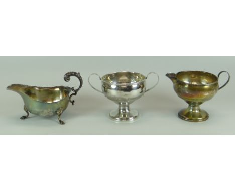 A PARCEL OF ITEMS including sterling silver, cream jug & matching twin-handled sugar basin, an English silver sauce boat, two
