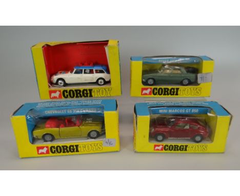 A BOXED CORGI TOYS NO.341 MINI MARCOS GT850 and three further Corgi Toys boxed vehicles