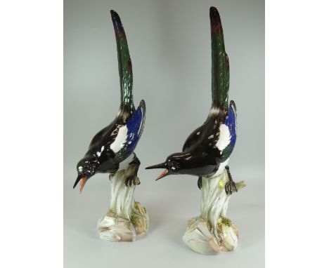 A PAIR OF MEISSEN PORCELAIN MAGPIES with open beaks pointing downwards and their tails up, perched on faux-rocky bases, blue 