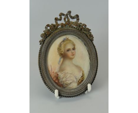 NINA FAGNANI painting on probably ivory - oval portrait miniature of a lady with low-cut dress and blue ribbon in her hair ti