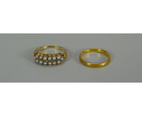 A 22CT YELLOW GOLD WEDDING BAND & A YELLOW GOLD & PEARL RING, 7.89gms total  Provenance: entered by descendant (Great Great G