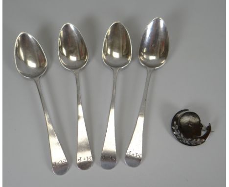 FOUR GEORGIAN SILVER TEA-SPOONS the handles inscribed with the initials M+P, believed London 1808, together with a crescent b