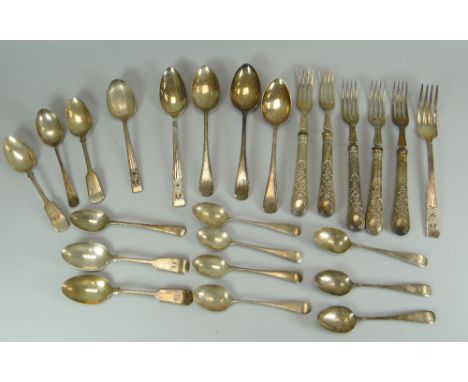 A QUANTITY OF MIXED FLATWARE INCLUDING SILVER SPOONS, silver content 4.5ozs Provenance: entered by descendant (Great Great Gr