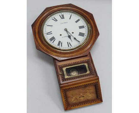 A DROP-DIAL WALL CLOCK IN MARQUETRY CASE having a white enamel dial bearing Roman numerals and 'S.H. PRICE LLANDOVERY', 70cms