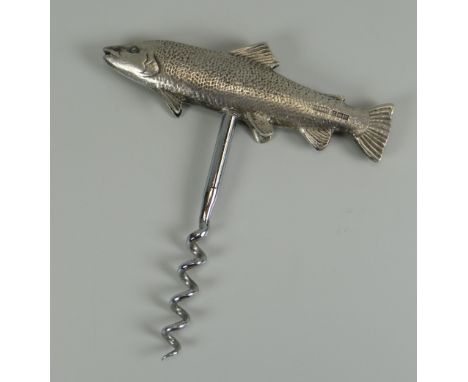 A NOVELTY CORKSCREW with hallmarked silver handle in the form of a fish, having a texture scale decoration to the body, Birmi