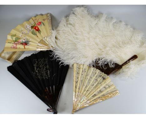 TWO BOXED FRENCH FANS & ANOTHER, TOGETHER WITH AN OSTRICH FAN Provenance: entered by descendant (Great Great Granddaughter) o