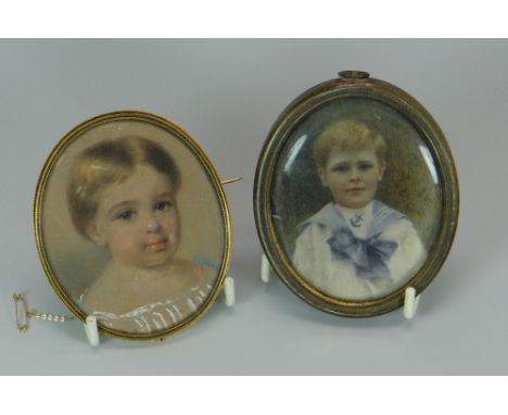 ATTRIBUTED TO NINA FAGNANI watercolour on paper - oval miniature of a young boy in a sailor's blouse and with lock of hair en