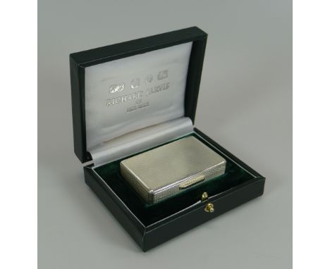 A CASED SILVER SNUFF BOX BY RICHARD JARVIS OF PALL MALL with machine-turn decoration and inscribed 'Gallagher' and with silve