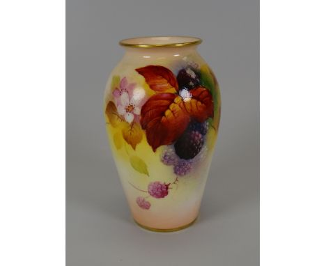 A SMALL ROYAL WORCESTER BALUSTER VASE painted with wild blackberries and flowers, in the manner of Kitty Blake, unsigned, 10c