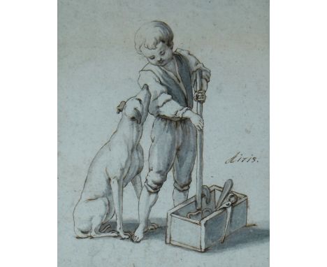 GEORG PHILIPP RUGENDAS watercolour sketch - seated lurcher looking up at young boy with box of tools entitled 'Airis', signed