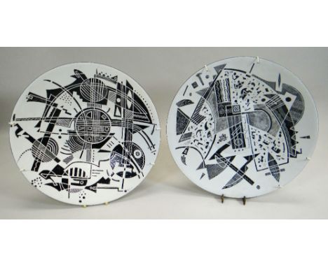 RICHARD CASEY a pair of enamel on copper plaques - in the form of shallow circular dishes and with two tone abstract design t