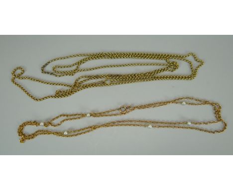 A BELIEVED 9CT YELLOW GOLD LONG CABLE-CHAIN, 40.9gms and another with pearls, 14.8gms  Provenance: entered by descendant (Gre